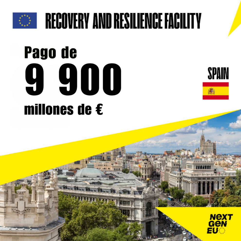 Imagen anunciando el pago de 9900 millones de € a España del Mecanismo de Recuperación y Resiliencia